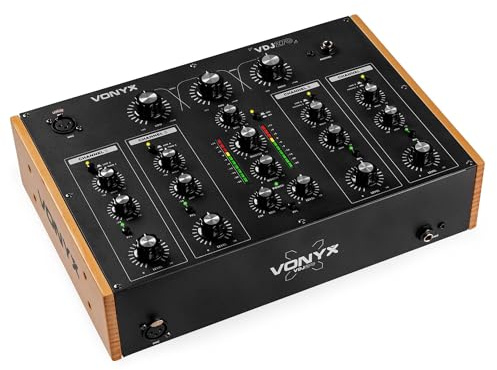 Vonyx VDJ270 DJ Mischpult 4 Kanal – Analog Rotary Audio Mixer mit 2-Band EQ & XLR – Retro DJ Mischer Schwarz Holzoptik – Sound Mixer für Vinyl & Club – Inkl. Booth Output & Mic Input