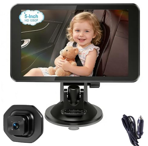 5 Inch Baby Car Camera, 1080P Car Rear View Mirror Camera Kit with Type-C, 170° Wide Angle Night Vision Car Baby Monitor for Parents Driving Safety Travel