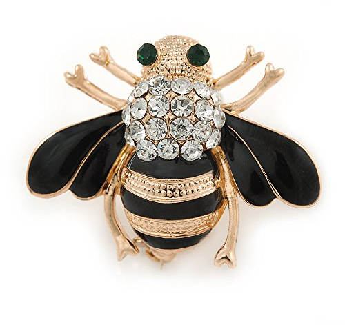 Petite broche Avalaya en forme d'abeille - En émail noir et cristaux - Plaquée or - 30 mm