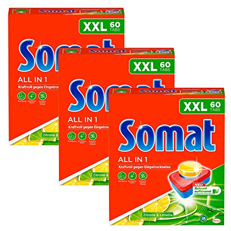 Somat All in 1 Zitrone und Limette, Spülmaschinen Tabs, 180, 3 x 60, Tabs, kraftvolle Reinigung mit Geruchsneutralisierer Funktion