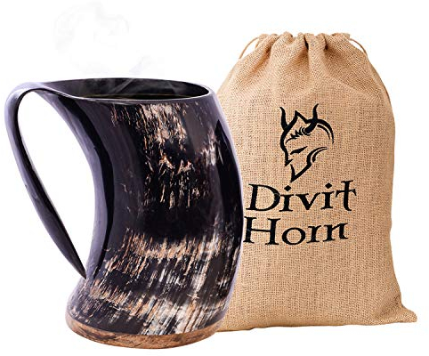 Boccale Vichingo in Corno Autentico Divit | Boccale con coperchio per birra autentico e medievale | capienza di 700 ml (24 oz) | Boccale in corno della migliore qualità