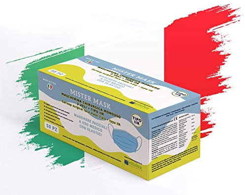 VITALEX mascherina chirurgica di tipo IIR monouso in TNT ad alta traspirabilità con elastico, Made in Italy, codice MCM005, RDM 5006479, azzurra