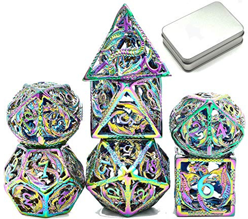 World of Dice Nidhöggr - Edel Würfel für alle Pen & Paper RPG, Metallwürfel mit Drachen, 7-teiliges Würfelset, inkl. Etui (mit Aluminium-Etui, Prism)