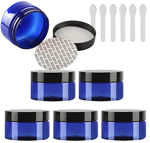 TIANZD 6 Pièces Vides Petit 100 ml Bleu Cosmétique Pot en Plastique avec Couvercle Noir 100 g Pots de Cosmétique Crème de Bouteille Contenant avec 6x Spatules