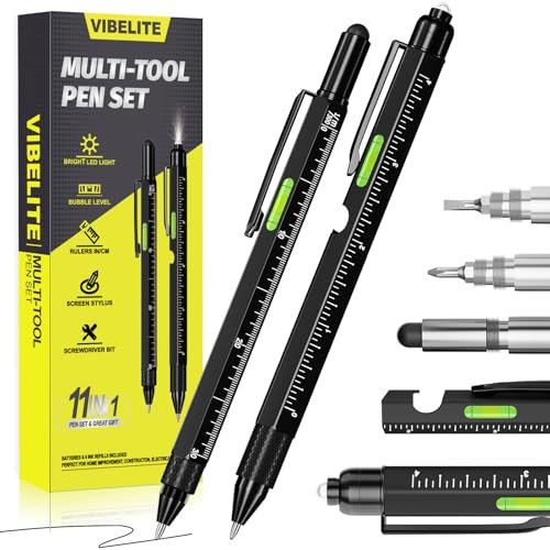 VIBELITE Cadeaux pour homme, papa, lui, ensemble de stylos multifonctions 11 en 1 avec LED, stylet, niveau, tournevis, tête plate, gadgets pour homme, cadeau d'anniversaire pour homme, lui, mari,