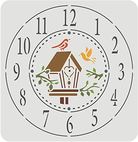 FINGERINSPIRE Uhrenschablone 30 x 30 cm Erstellen Sie DIY Uhr Handwerk Schablone Vorlage Zweige Vogelhaus Uhr Schablonen mit Zahl Kunststoff Wiederverwendbare Uhr Dekor Schablone zum Malen auf