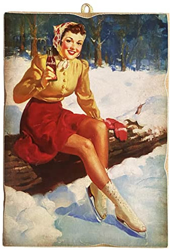 KUSTOM ART Bild im Vintage-Stil, Serie Coca Cola Werbung Pin-Up Girl Druck auf Holz 25 x 18 cm.