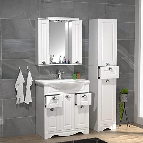 VCM 4-TLG. Waschplatz Waschtisch Breite 75 cm Badmöbel Set Waschbecken Spiegelschrank Hochschrank Schublade Landhaus Casalo XL