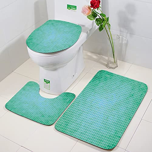 Rutschfeste Badematten 3 teiliges Set,Petrol / Dekor, quadratische Pixel Mosaik Muster einfache moderne zeitgenös,Hohe Wasseraufnahme, weiche Mikrofaser, WC-Vorleger, WC-Sockelmatte, maschinenwaschbar