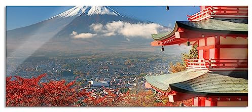 Pixxprint Glasbild Panorama, Wandbild aus Echtglas, Tempel am Fudschijama Japan, 120x50 cm, inkl. Aufhängung und Abstandshalter