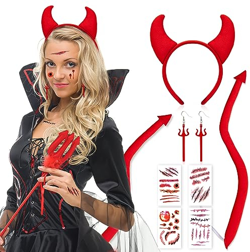 DPKOW 7pcs Devil Costume Red Devil Horns Headband Devil Earrings Devil Tail Halloween Scars Tattoo Devil Set Devil Outfit for Kids Women Devil Costume Halloween Devil Accessories