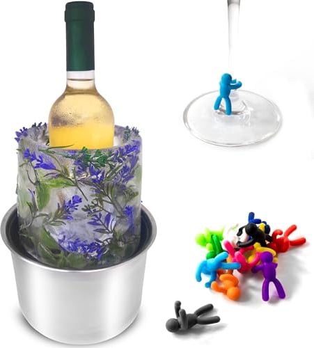 Hatillu Rafraîchisseur De Bouteille de Vin, Seau à Champagne en Glace, Moule À Glace pour Personnaliser avec des Fleurs & Fruits, Centre De Table Décoratif pour Fêtes, avec 12 Breloques De Verre À Vin