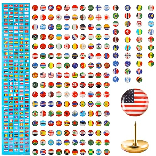 200pcs National Flag Thumb Tacks, Creative Country Flag Push Pins with Country Flag Picture Push Pins for Map Travel Map Tacks for Bulletin Boards Soft Boards Homes Offices
