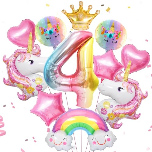 12 Stück Rosa Luftballon Einhorn Geburtstagsdeko 4 Jahre Mädchen Runde Folienballon Einhorn Kindergeburtstag Party Deko Mit Krone/Regenbogen/Stern/Herz/Band/Zahl Für Einhorn Thema Festival Party