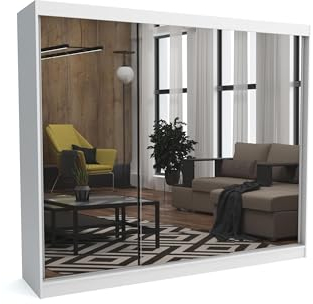 Brent - Kleiderschrank mit Spiegel Dave, 250cm Breit, Schlafzimmerschrank mit 1 Kleiderstange und Einlegeböden für Kleidung, Kleiderschrank Weiß