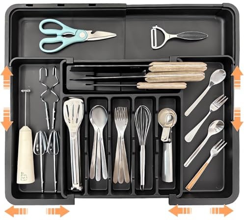 ZHUIYIWIN Cutlery Drawer Organiser, Expandable Kitchen Drawer Organiser, Expandable Utensil Tray with 2 Removable Knife Blocks, Utensil Organiser for Multipurpose Kitchen Storage, Black