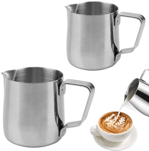 2 Stücke Milchkännchen, Milch Pitcher, Milchkännchen Edelstahl, Edelstahl Milch Aufschäumen Tasse, Milch Aufschäumer Kännchen Tasse, Milchschaum für Cappuccino und Latte Art (350 ml ~ 600 ml)
