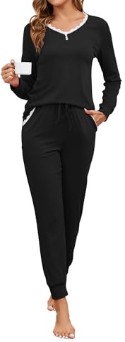 Namatime Pijama largo de algodón para mujer, pijama de dos piezas, con encaje, cuello en V, ropa de dormir y pantalones de pijama con bolsillos