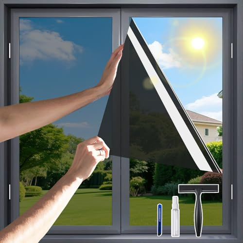 One Way Privacy Window Film，Flueen Shatterproof PET Window Tint for Heat Control & 99% UV Protection Blackout Window Treatment for Home, Office Doors with Eco-Adhesive Nocturnal Black 17.5 x6.5FT