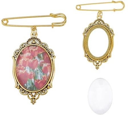 SUPERFINDINGS 2 Stück Broschen Aus Platin/Antiker Bronze Und Gold DIY Anstecknadel Broschen Set Ovale Cabochons Aus Klarem Glas Hochzeitsstrauß Foto Brosche Charm Für Hochzeitsfeier 83mm