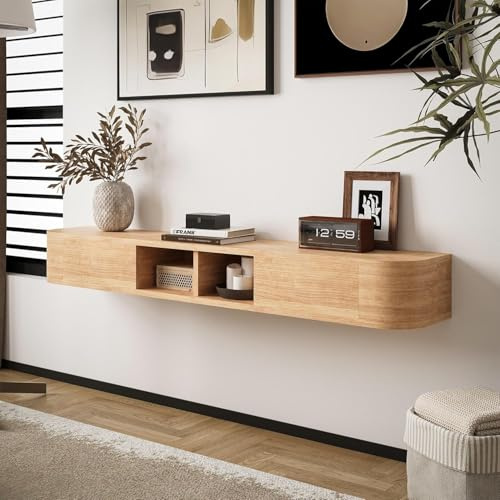 KamerOut Schwebendes TV-Regal, 160 cm mit Türen & Stauraum, Abgerundete Ecken, Wandmontiert für Wohnzimmer & Schlafzimmer (Naturholzfarbe)