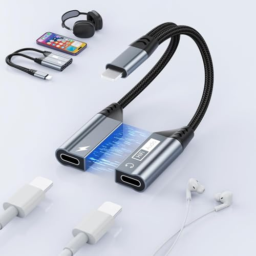 Magnetic Lightning to Dual Lightning Headphone + Charger Adapter,2 in 1 iPhone Audio and Charge Splitter Earphone AUX Cable Audio Charge Dongle Splitter Music Converter for iPhone 14/13/12/11/SE/X/XS