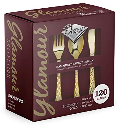 Decorline Juego de Cubiertos Desechables de Plástico - Elegante Colección Glamour - 120 Piezas Cucharas Tenedores Cuchillos de Alta Resistencia - Cubiertos Desechables para Toda Ocasión - Dorado