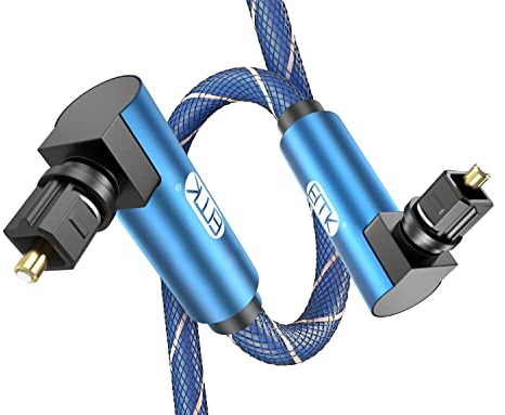 EMK Optisches Kabel, 360 Grad Rotierend Optisches Kabel Winkelstecker, Digital Optisches Kabel Gewinkelt, 90 Grad Toslink Kabel Kompatibel mit Soundbar, TV, PS4, Xbox, Heimkino (Dual 90 Grad Blau, 2M)