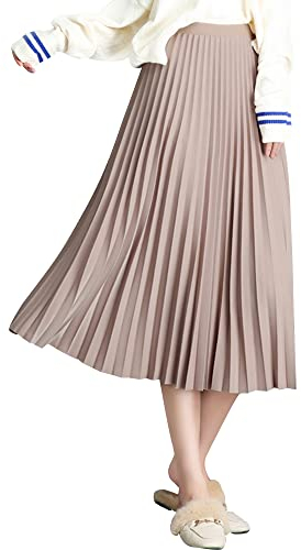 Donne Ragazze Gonna a Pieghe Gonna Midi Gonna di Media Lunghezza Gonna Plissettata in Fibra d'argento Fascia Elastica in Vita per la Primavera Autunno Lunghezza della Gonna 75cm - Kaki Tinta Unita