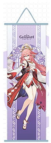 ROSETOR Genshin Impact Hanging Painting Silk Cloth Poster Engraved Scroll Animation Peripheral (Yae Miko), 70 x 25 cm