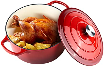 Miereirl 6 Quart Enameled Dutch Oven Pot with Lid, Cast Iron Dutch Oven with Dual Handles for Bread Baking, Cooking, Non-stick Enamel Coated Cookware (Red)