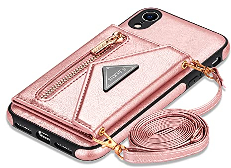 GUVAGI Handyhülle für iPhone XR Hülle mit Band Handy Hülle Case, Handykette Klapphülle Reißverschluss Stoßfest Schutzhülle Magnet Aesthetic Mädchen Handyhüllen mit Kette Umhängen (Rosa)