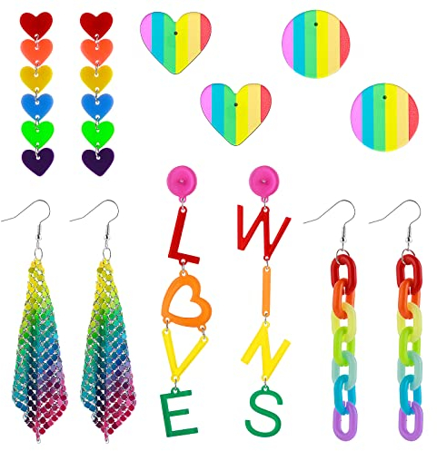 6 Paare Neon Ohrringe Damen Regenbogen Neon Party Halloween Mesh Ohrringe Bunt Leichte Kette Regenbogen Ohrring Damen Herzform Runde Ohrstecker Damen Regenbogen Schmuck Pride Lgbt Accessoires