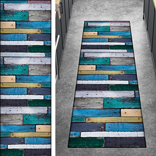 Ymural Kücheläufer Teppich Läufer Lang Flur Modern 50x200CM Blau Teppichmatten rutschfest Meterware Teppichläufer Waschbar Kurzflor Polyester Korridor, Breite 40-120cm