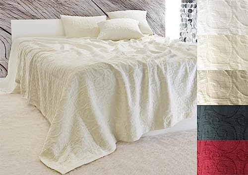 Edle Tagesdecke “Fleur“ Bettüberwurf 100% Baumwolle 180x260 bis 260x300cm - Überwurf Sofa Couch - Rankenmuster - versch. Farben oder Kissen (Elfenbein, 260 x 300 cm)