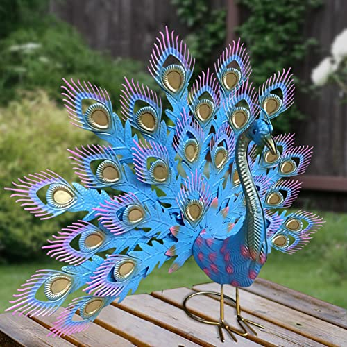 Gartendeko für Draußen Metall Pfau Gartenfiguren für Außen Stehende Metall Statue Pfau Garten Deko Draußen Metall Pfau Gartendeko Deko Pfau aus Metall für Garten Balkon Terrasse Rasen (Blau Groß)