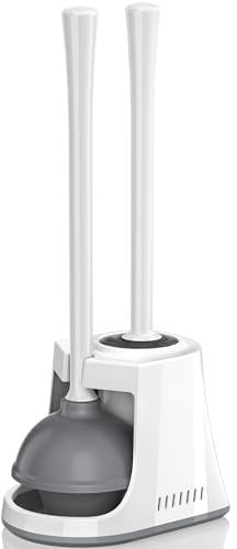 LOVLOY Toilet Plunger and Brush, Bowl Brush and Heavy Duty Toilet Plunger Set with Ventilated Holder, 2-in-1 Toilet Brush and Plunger Combo for Bathroom Cleaning (White, 1)