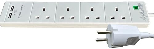 ShaniTech UK to Europe France Spain Germany 4 Gang Way 2 USB Ports Surge Protected Travel Adaptor Euro Adapter, 3 Pin Earthed