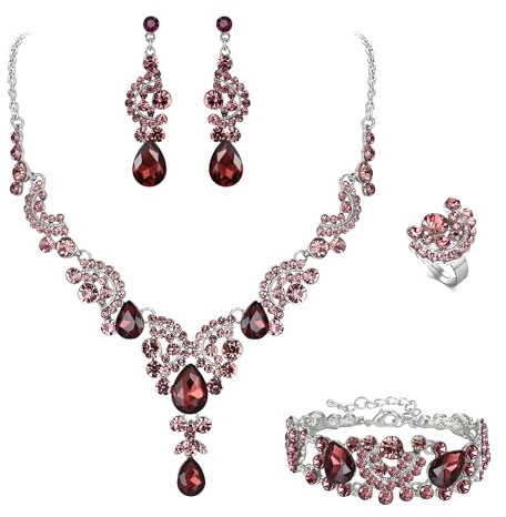 EVER FAITH 4 Stück Schmucksets für Damen Party Hochzeit Braut Strass Kristall floralen Welle Teardrop Halskette baumeln Ohrringe Armband Ring Set Violett Gold-Tone