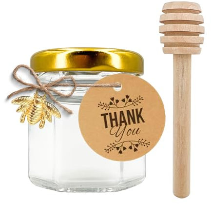 Luna & Dina Lot de 50 Pots à Miel, Cadeau Invités Mariage, Baby Shower, Pot en verre à remplir avec couvercle doré, cuillère à miel, abeille, étiquette Thank you, ficelle (Basic)