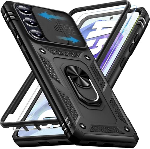 Giyer für Samsung Galaxy A55 5G Hülle mit Schutzfolie, Handyhülle A55 5G Tache mit Kameraschutz 360° Metall Ring Ständer Stoßfest Bumper Schutzhülle Samsung A55 Case Cover (Schwarz)