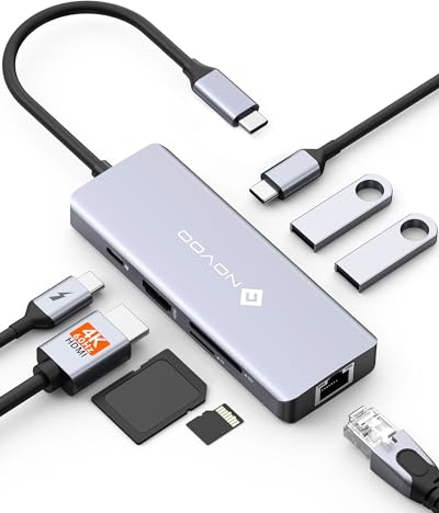 NOVOO Hub USB C vers Ethernet, 8 en 1 Adaptateur USB C vers HDMI 4K, 100W PD, USB C 3.0, USB A 3.0, SD/TF Multiport Dock pour MacBook Pro Air M2 M1 Surface iPad Galaxy HP