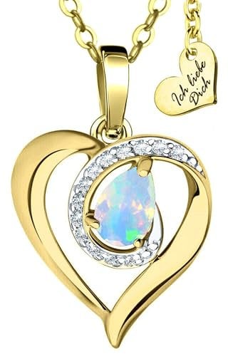 Limana Herzkette echter Edelstein Silber 925 Gold vergoldet Halskette Damen Kette Herz Anhänger Schmuck Geschenk Frauen Freundin Hochzeitstag Jahrestag Liebesgeschenk Goldkette (Opal)