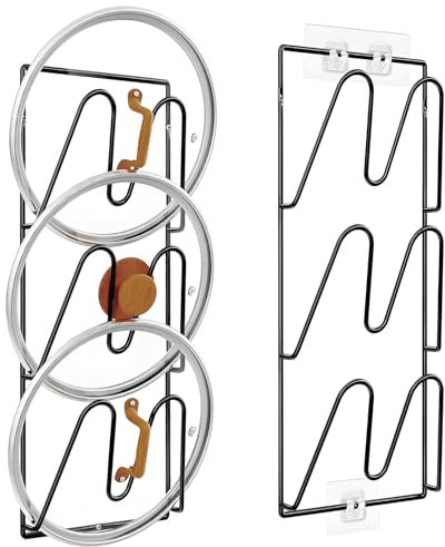 TANGHSE Pot Lid Organizer Rack, Pot Lid Holder 2 Pack 6-Tier Metal Wire Pan Lid Organiser No Drilling Adhesive Wall/Door Mounted Rustproof Pot and Pan Cover Kitchen Shelf for Pots and Pans