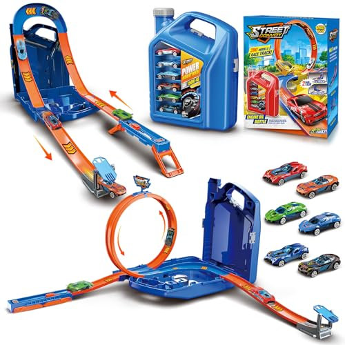 Charmofun Piste de Course 2 en1, Circuit Voiture Enfant avec 6 Voitures, Bboîte Rangement, Piste de Voiture avec Looping et U Track, Portable Jouet Circuit Voiture pour Enfants de 3+ Ans (Bleu)