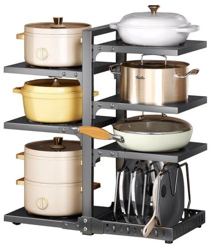 Cnwinu 7 Tier Pots and Pans Organiser for Cupboard,Pan Organizer for Cupboard with Adjustable Height,Multiple Installation Modes Kitchen Cupboard Organiser for Kitchen(7 Tiers With Compartments)