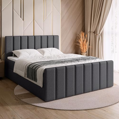 BROMARKT Boxspringbett mit Matratze 160x200cm Bett mit Topper Grau | Polsterbett mit Bettkasten Doppelbett mit Stauraum für Schlafzimmer gepolsterte Kopfteil Bed Bonell H3 DENVER DUO
