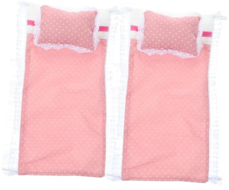 MOLUCKFU 2 Sets Miniature Dollhouse Bedding Set Doll Cradle Bedding Pink Doll Bed Sheet Pillow Bedroom Accessories for Dollhouse Play Pretend