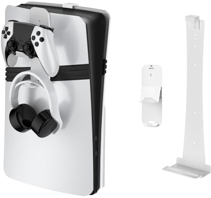 JOYTORN for PS5 Pro/PS5 Slim/PS5 Console Mount Sets, Multi‑Functional Gaming Console Wall Mount, Sturdy Steel Wall Mount, with Storage Hooks for Controllers and Headphones (White)