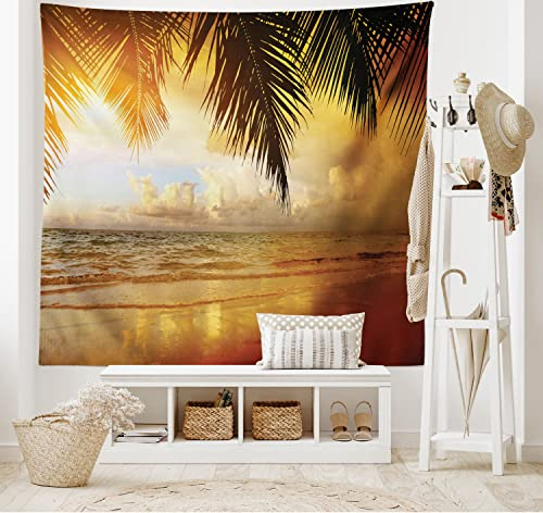 ABAKUHAUS Strand Wandteppich, Sonnenuntergang Karibik Palmen, Wohnzimmer Schlafzimmer Heim Seidiges Satin Wandteppich, 200 x 150 cm, Dunkelorange Babyblau Gelb